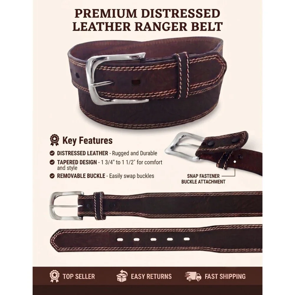Ranger Belt Company WF-39 Distress Brown Leather Tapered Belt Size , 42, 46